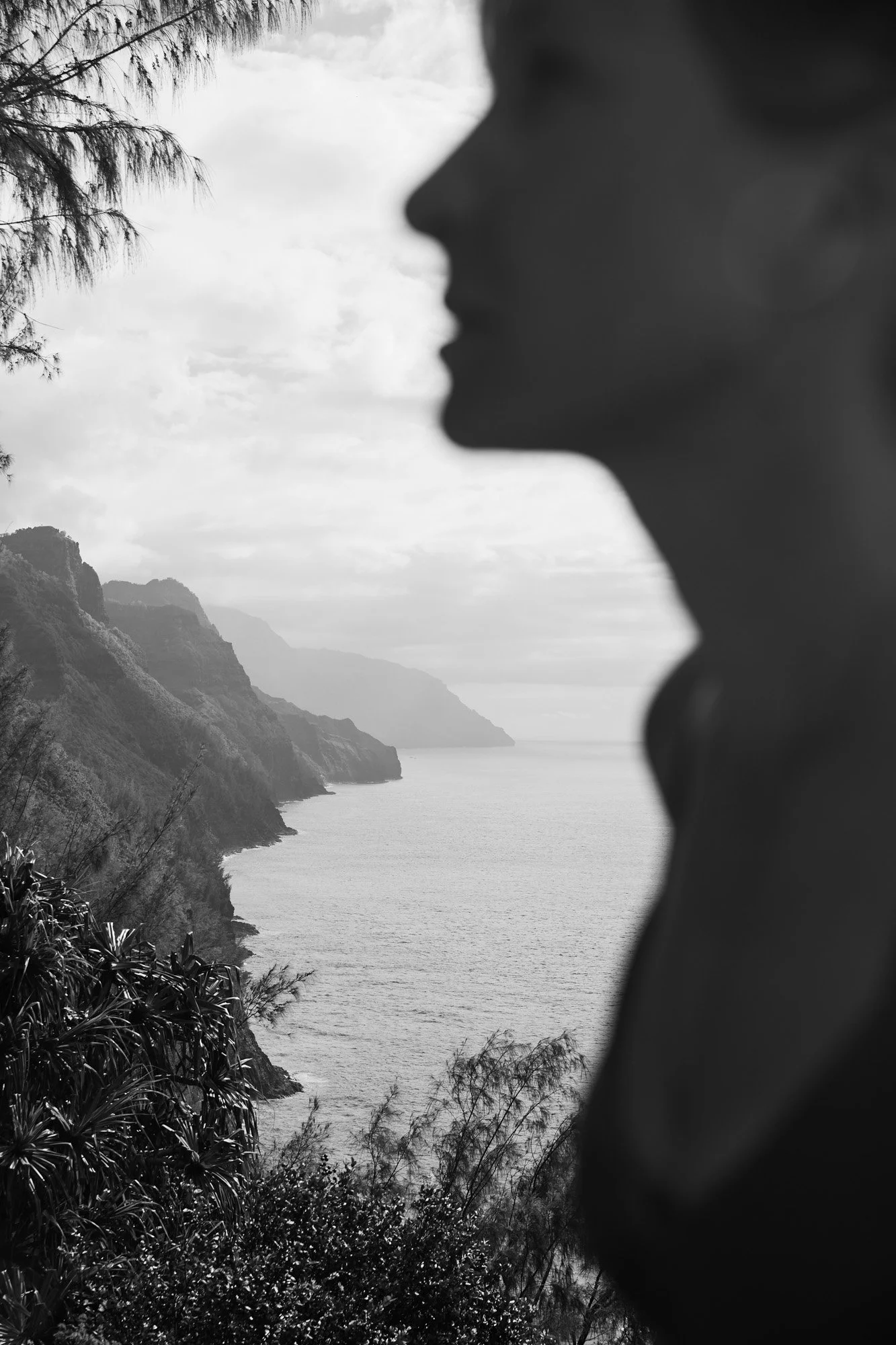 A blurred profile of a person looking up the Na Pali coast with cliffs and the ocean in black and white