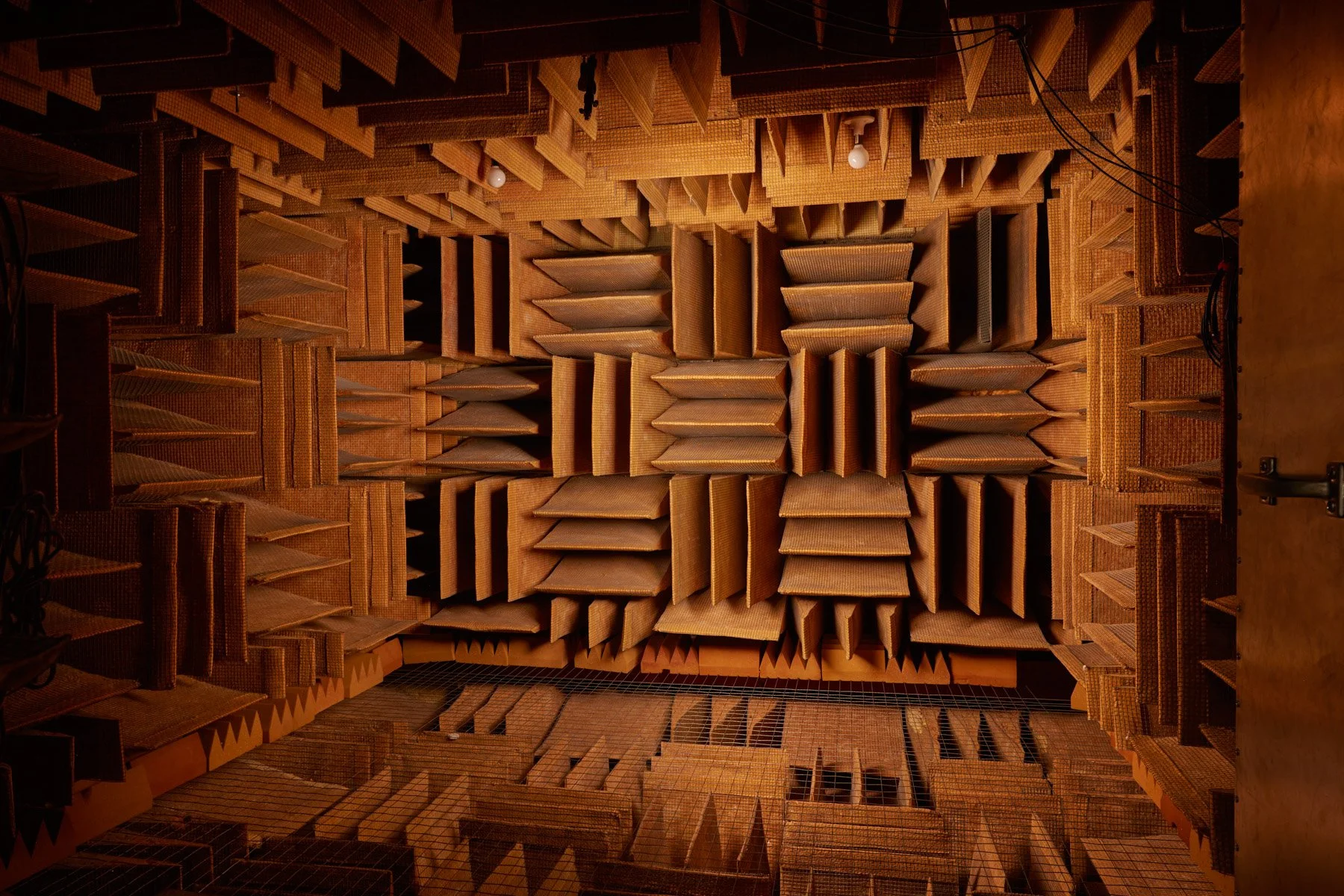 Anechoic chamber interior with sound-absorbing panels on walls and ceiling at Orfield Labs Minneapolis Minnesota