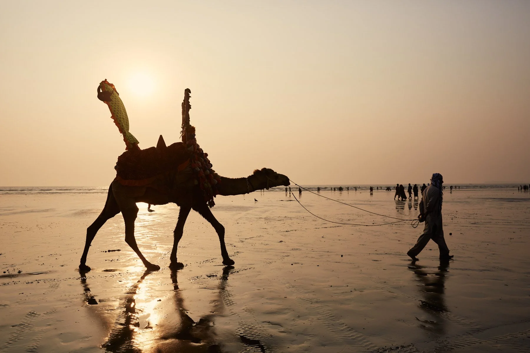 A person leading a camel decorated with colorful fabrics and a fish-shaped ornament on its hump, walking along a beach at sunset silhouetted, with other people in the distance. Clifton Beach, Karachi Pakistan.