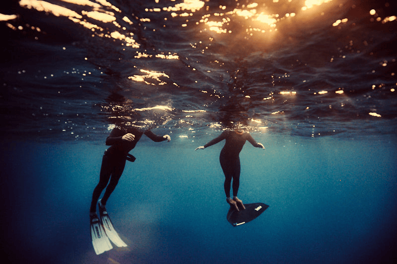 Two people in wetsuits free diving underwater, in open water with sunlight reflecting on the surface in Roatan Honduras