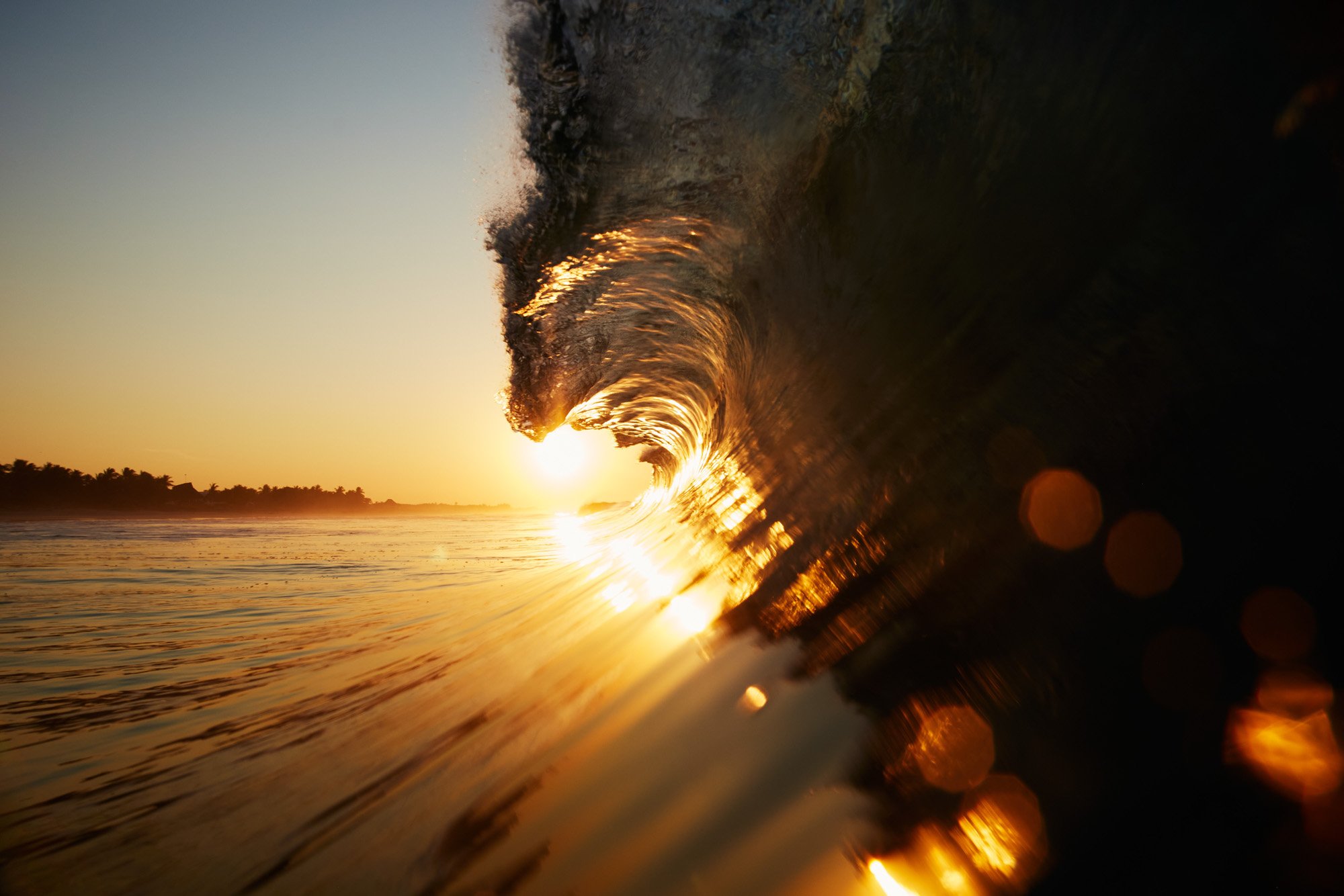 A large ocean wave breaking during sunrise, with sunlight reflecting off the water and palm trees silhouetted in the distance near Puerto Escondido Oaxaca Mexico.