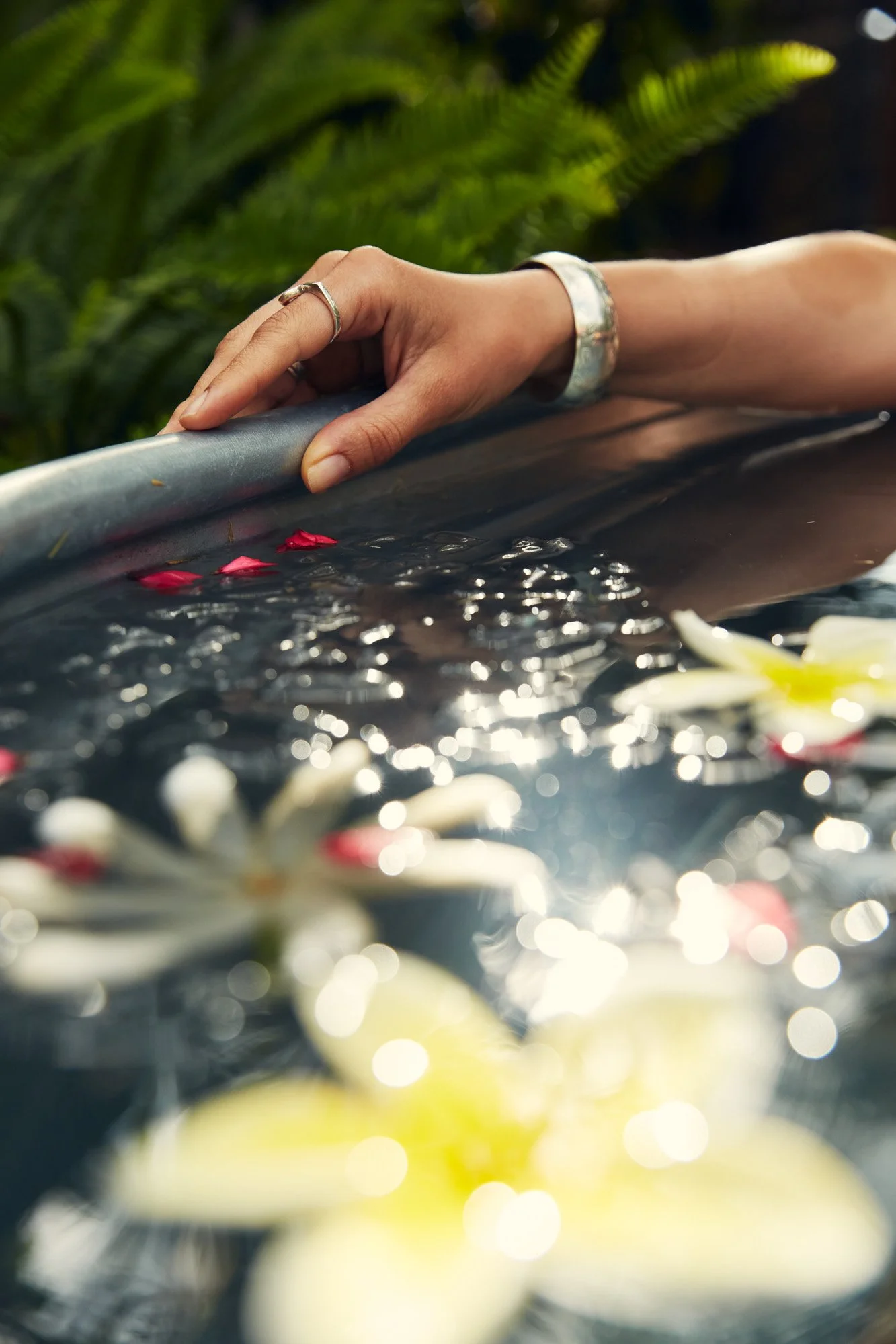 A person's hand gently touching floating flower petals in an ice water bath outdoors, with greenery in the background.