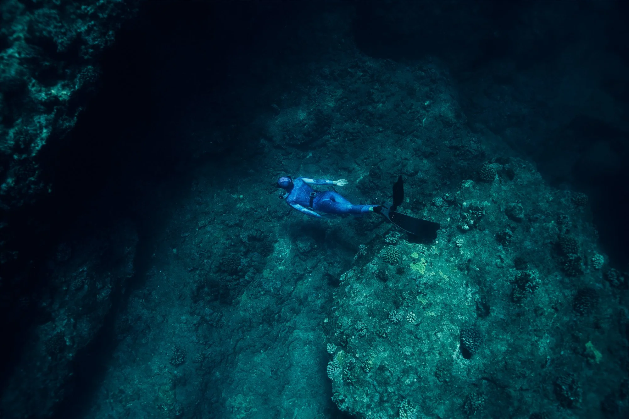 A freediver swimming underwater near a coral reef in Shark's Cove, Oahu, Hawaii