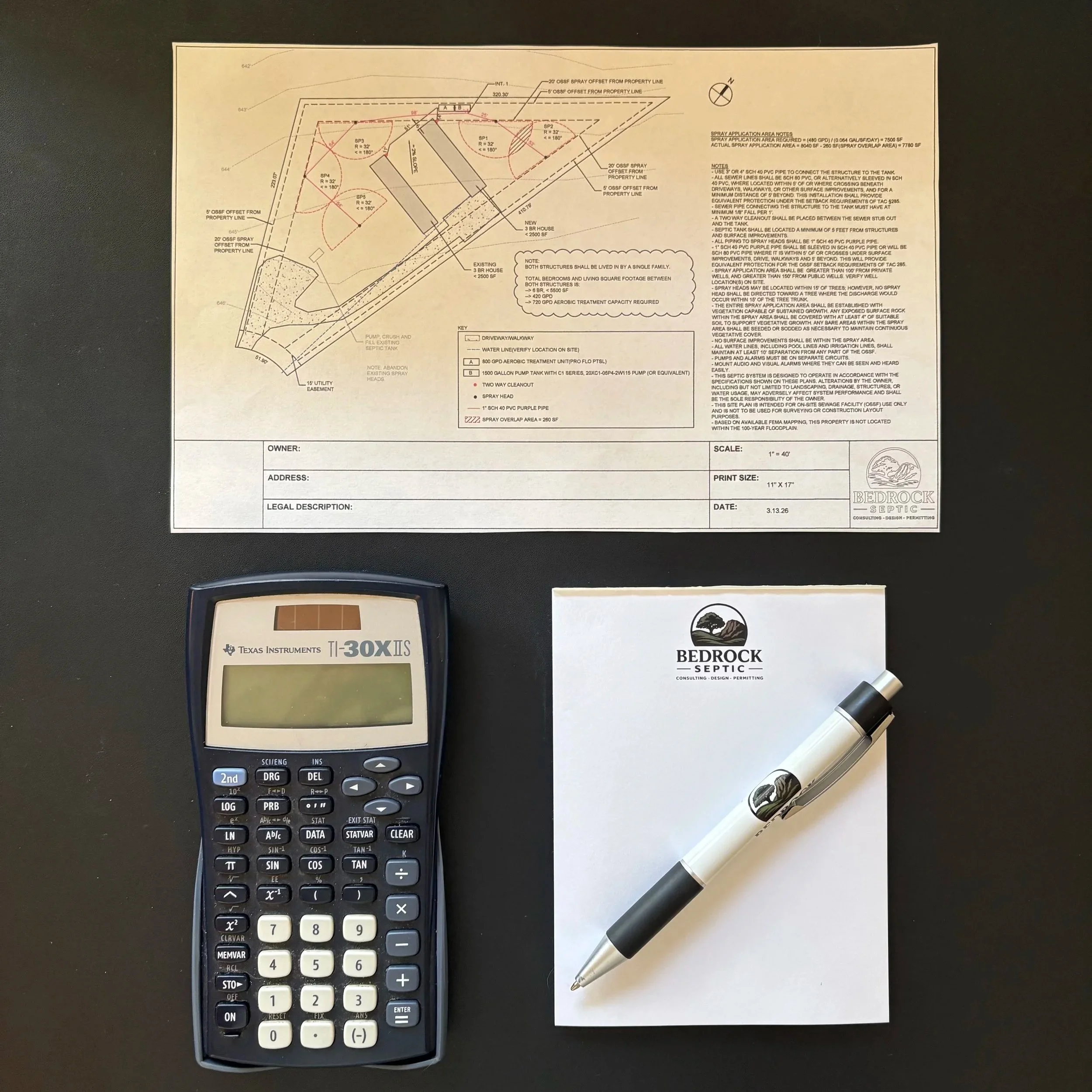 Septic system design site plan for residential and commercial property in Central Texas, prepared for county permitting