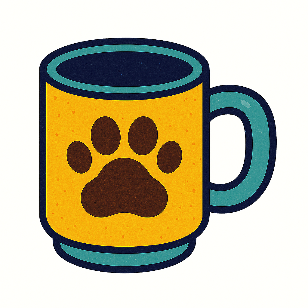 Cartoon coffee mug with a yellow body and a paw print design on the front, blue handle and rim.