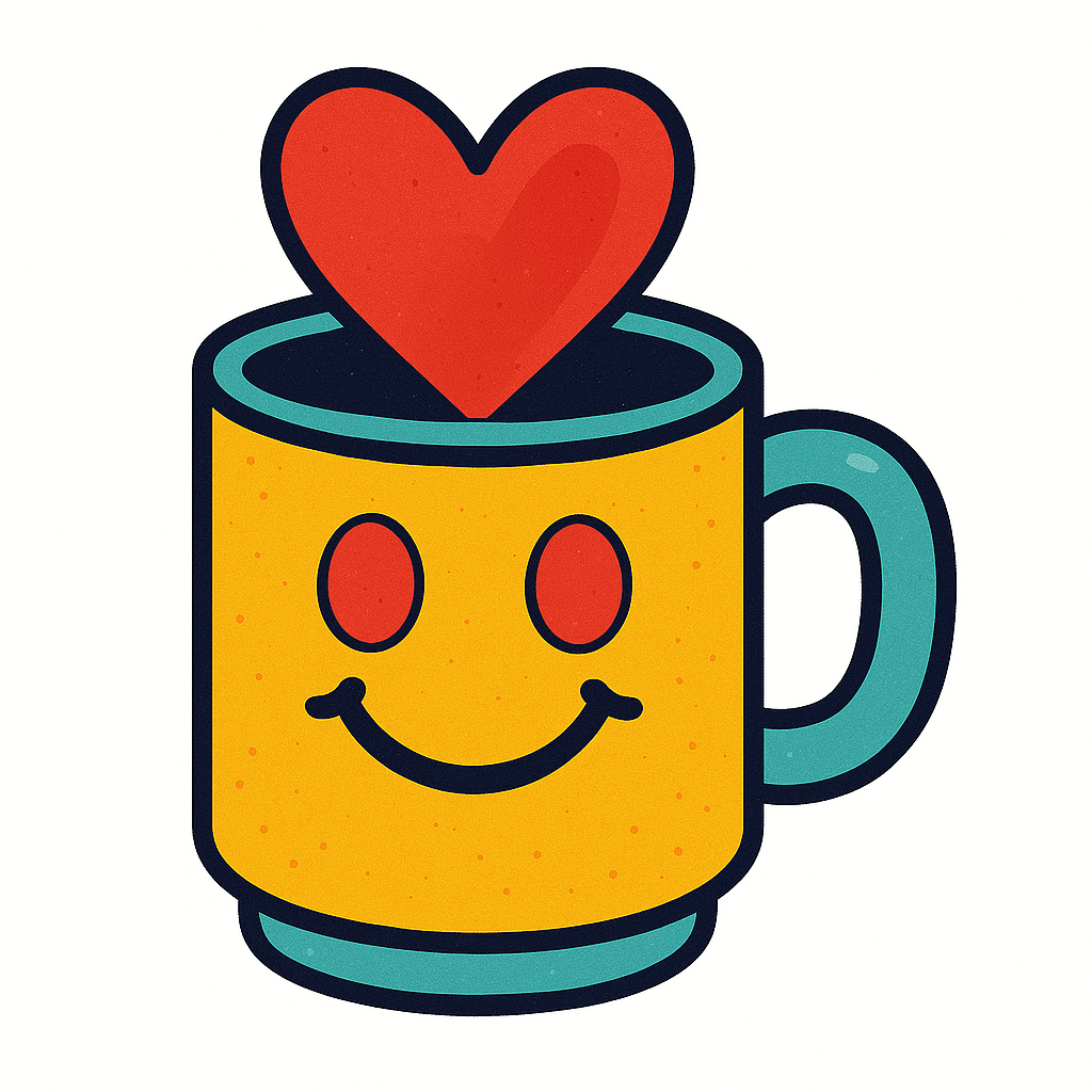 A yellow mug with a smiley face, a red heart inside, and a blue handle.