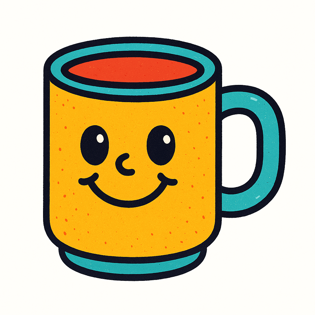 Cartoon yellow coffee mug with a smiling face and large eyes, filled with a red beverage, with a blue handle and top rim.