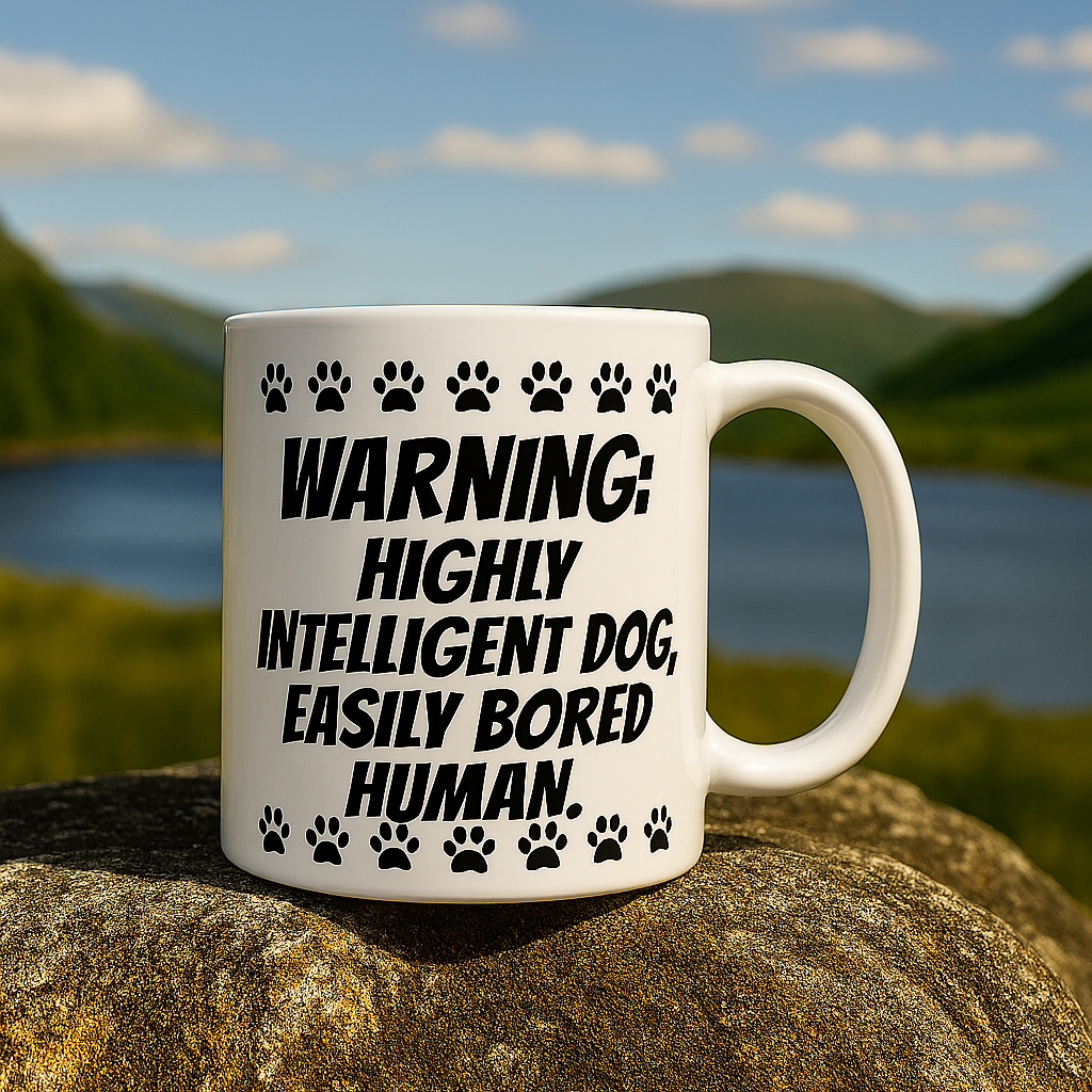 “Warning- Highly intelligent dog, easily bored human" + Choice of Image