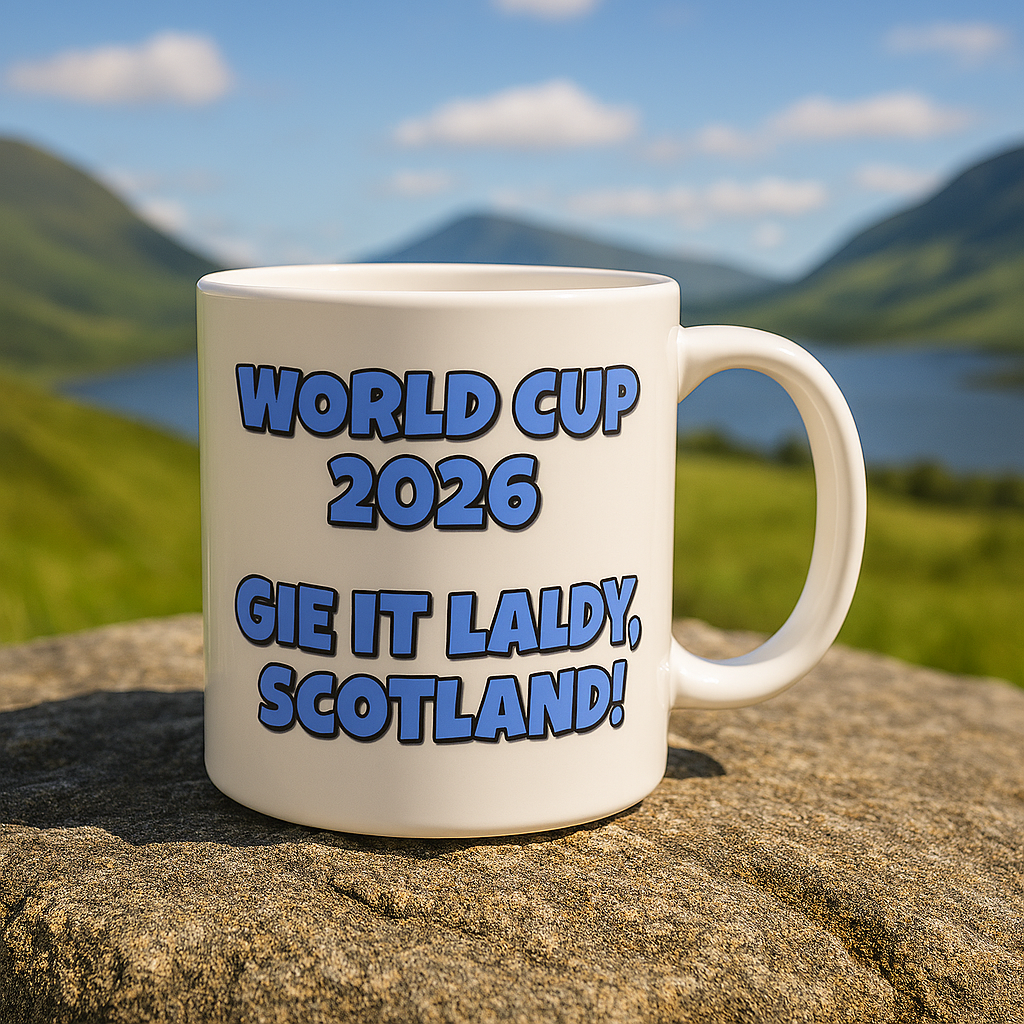 World Cup Mug - "World Cup 2026 — gie it laldy, Scotland!" + Choice of Graphic