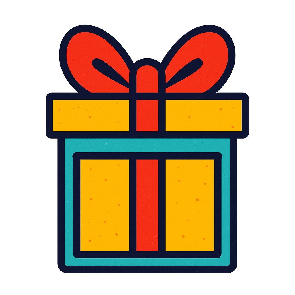 Colorful gift box with a red bow on top, yellow and blue wrapping.