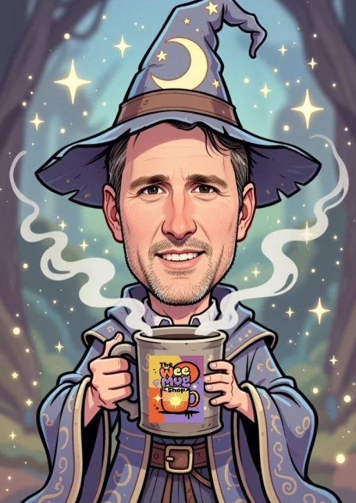 A cartoon wizard with a large hat decorated with a moon and stars, holding a steaming mug labeled "The Wee Mug Shop".