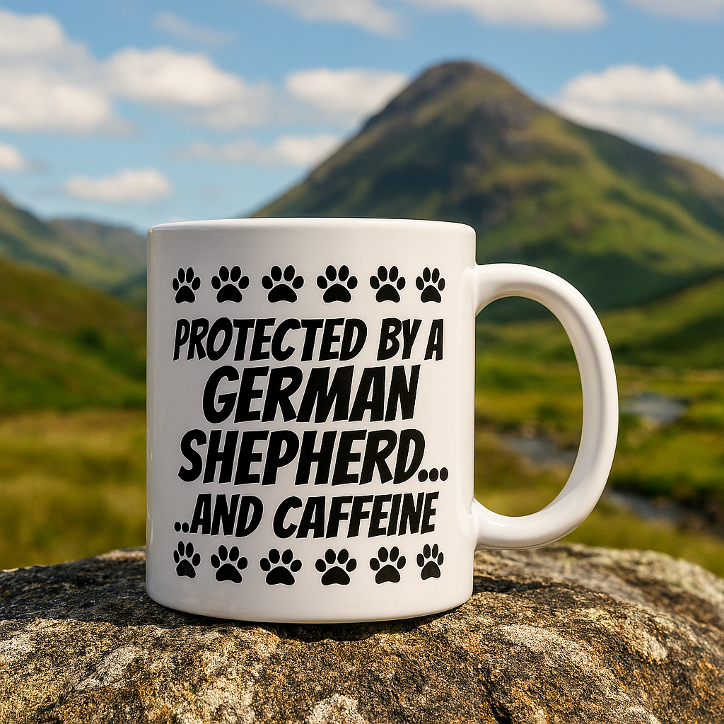 “Protected by a German Shepherd… and caffeine.” + Choice of Image