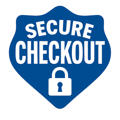 A shield-shaped sign with the words 'Secure Checkout' and a padlock icon, indicating a secure payment process.