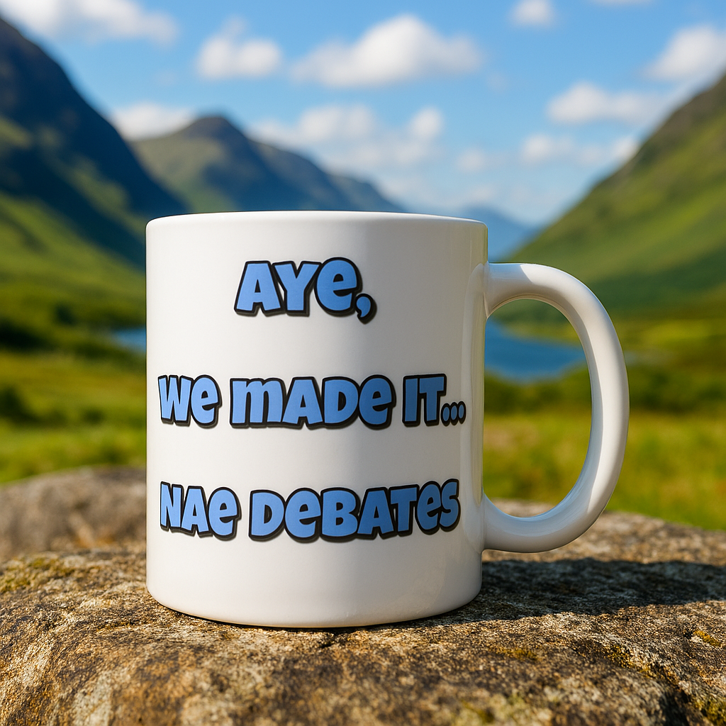 World Cup Mug - "Aye, we made it — nae debates" + Choice of Graphic