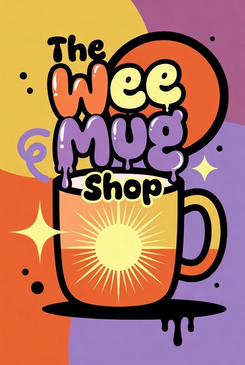 Colorful graphic design with a coffee mug and playful text reading "The Wee Mug Shop," featuring bright colors, stars, and abstract shapes.