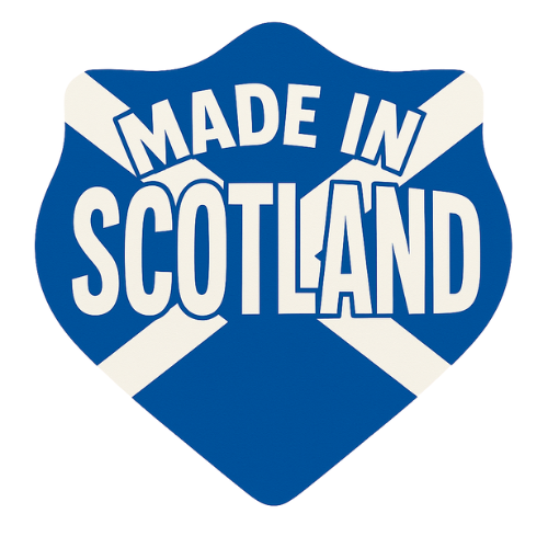 A badge with the text 'Made in Scotland' and a white cross on a blue background.