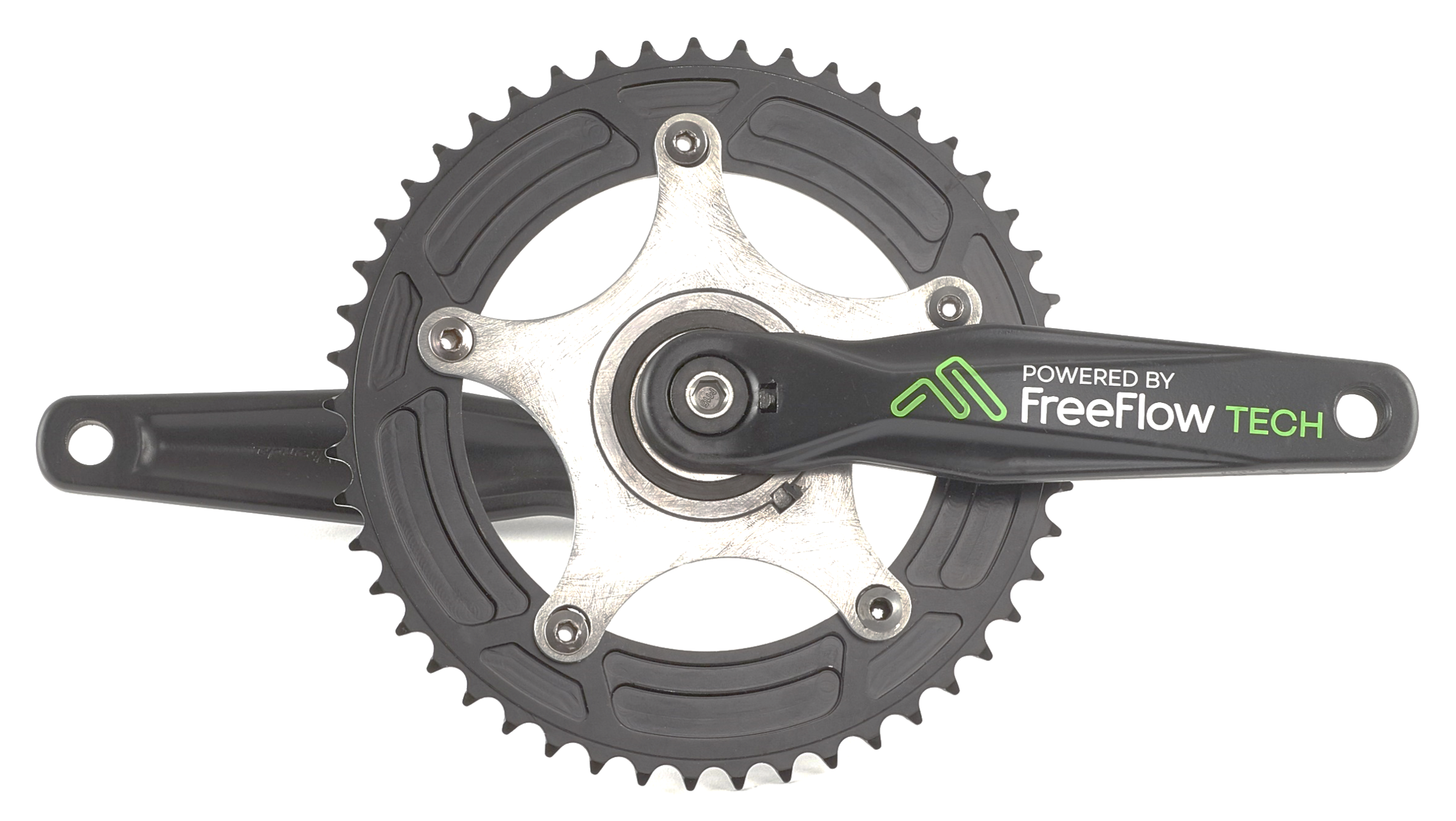 A bicycle crankset with two chainrings, attached to a crank arm that has branding for 'FreeFlow Tech'