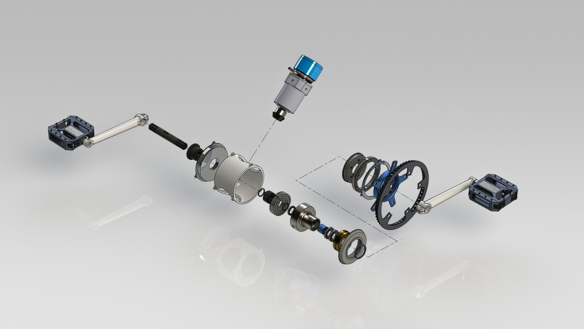 An exploded view of a mechanical device showing various metal and plastic components such as gears, springs, a motor, and supporting structures.