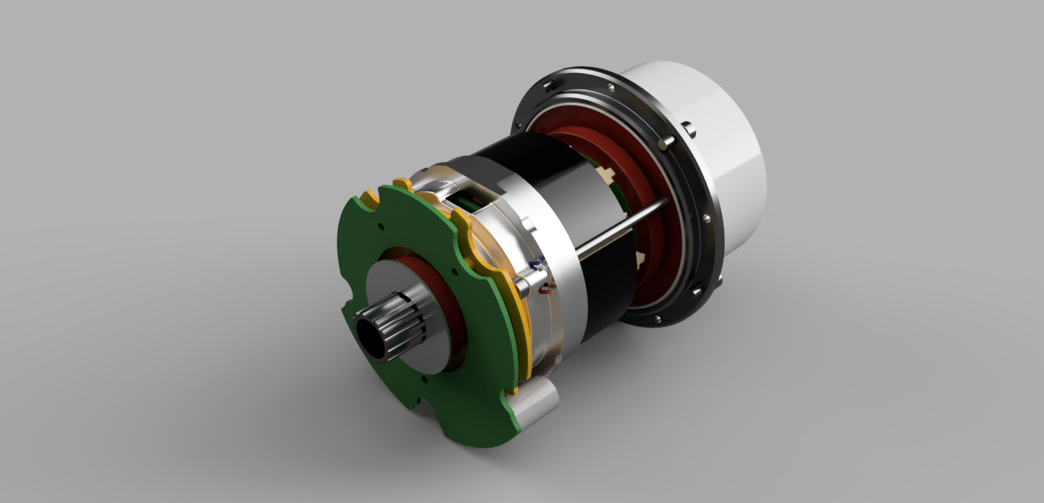 A detailed 3D-rendered image of a mechanical component, likely a motor or engine part, featuring a green circuit board on one end, connected to metallic and black plastic parts with a cylindrical shape.