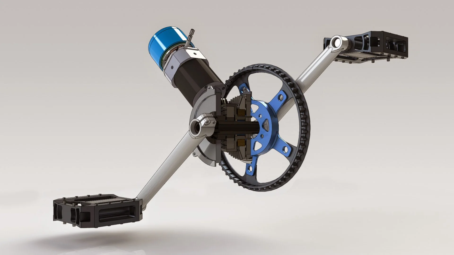 A robotic mechanism with a circular gear, metallic arms, and a motor, mounted on a white background.