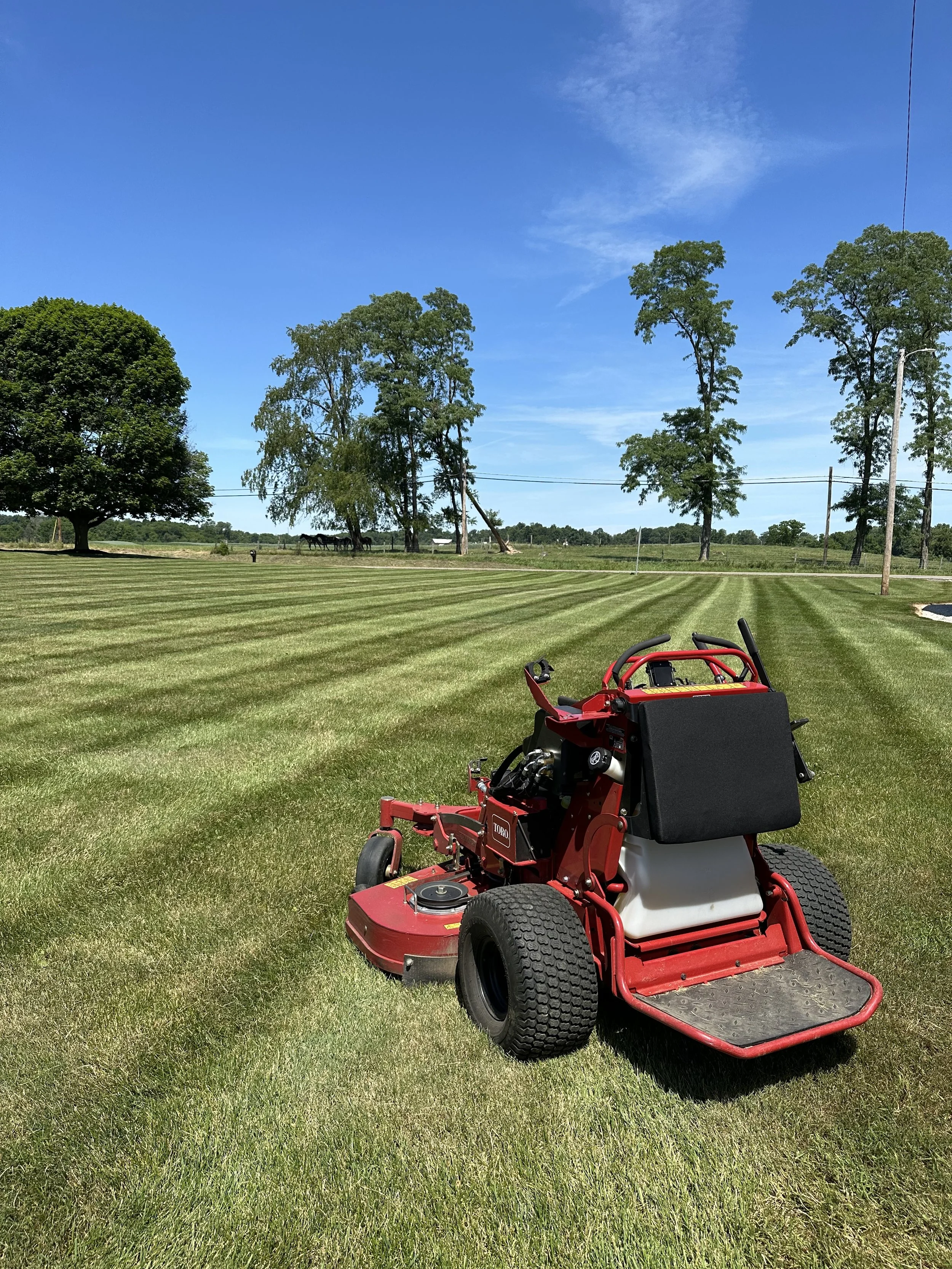 Red riding lawn mower on a freshly mowed grassy field with trees and a blue sky in the background.