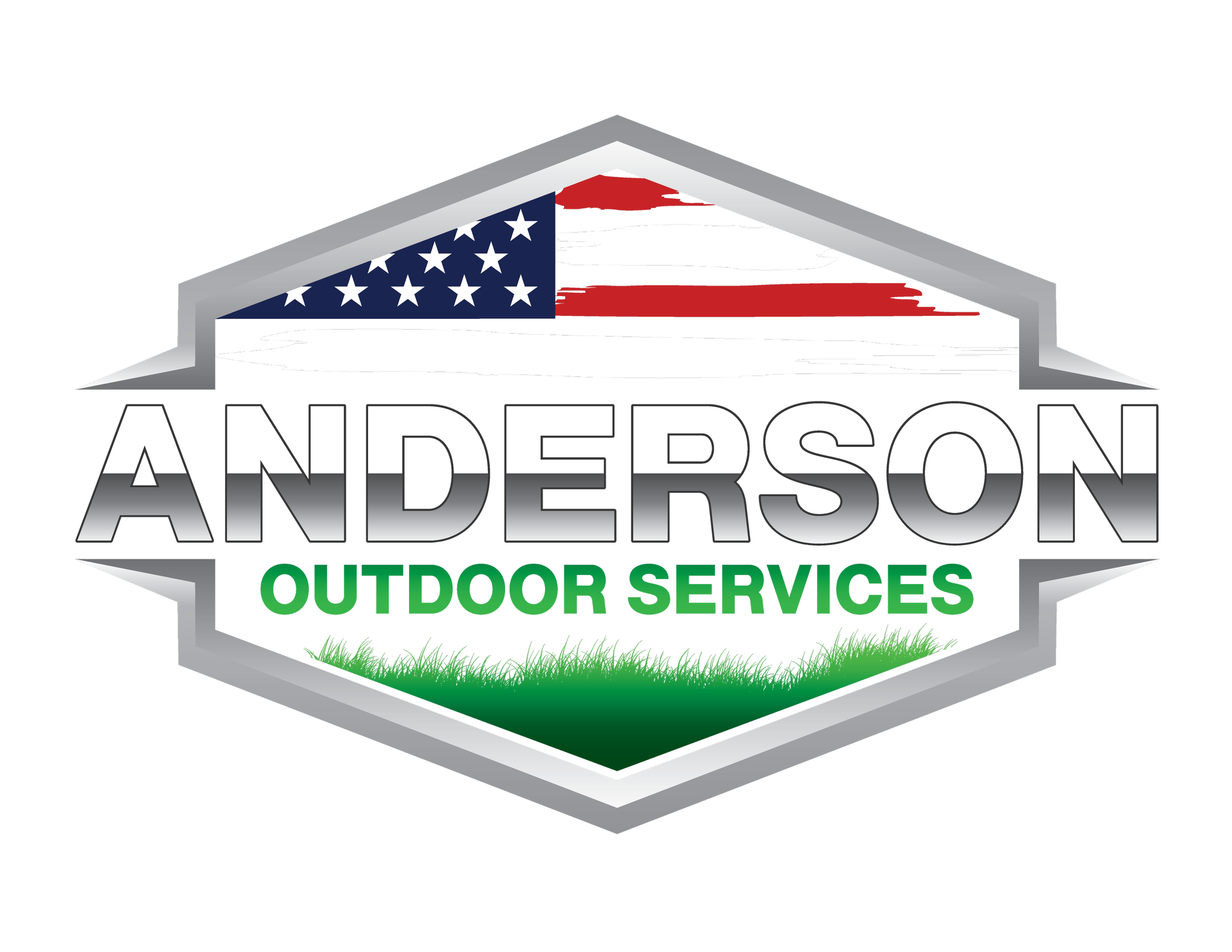 Logo for Anderson Outdoor Services featuring a stylized American flag, green grass at the bottom, and bold letters with a metallic outline.