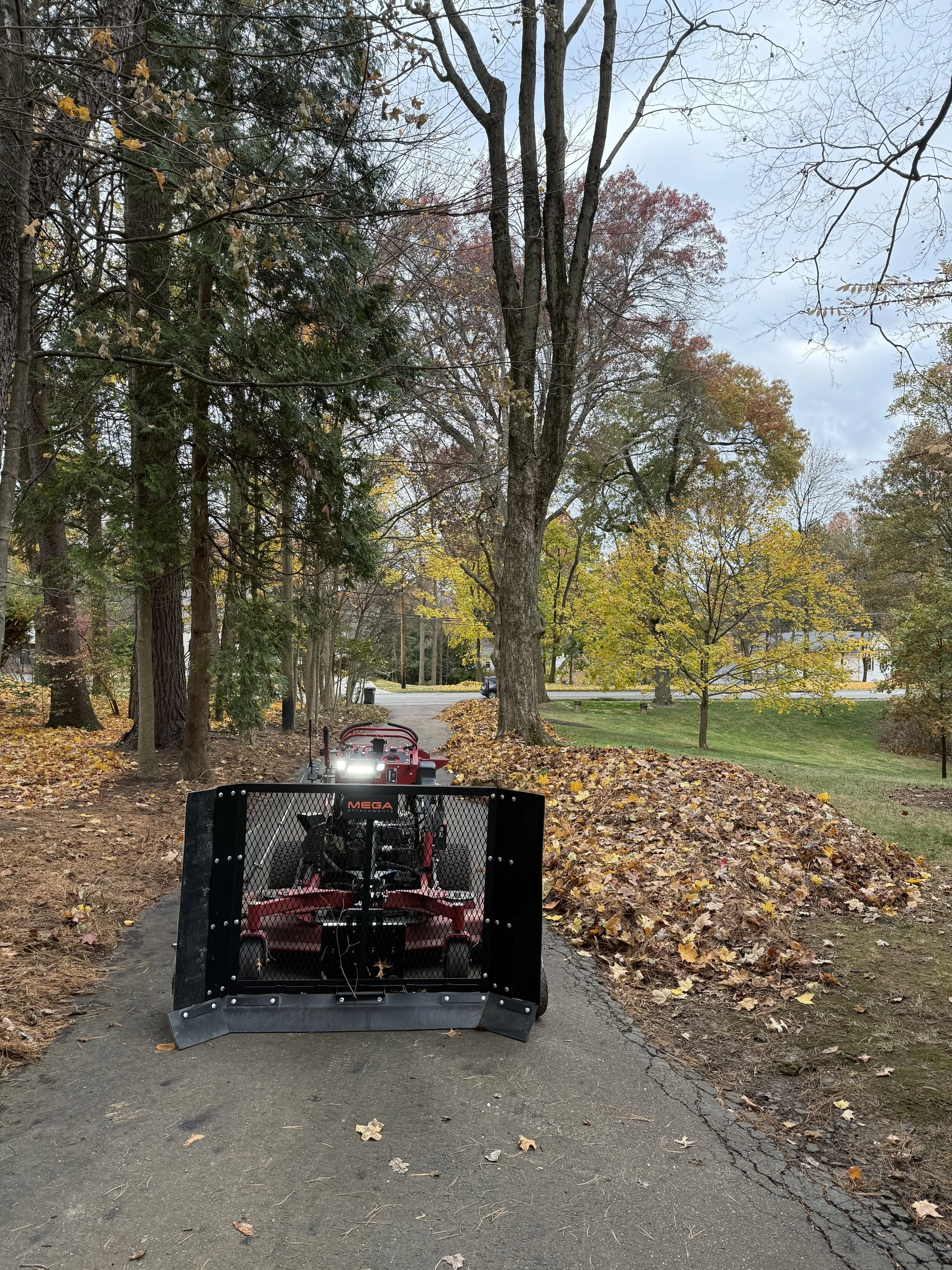 A red lawn mower with a black protective front shield parked on a residential sidewalk surrounded by autumn trees and fallen leaves.