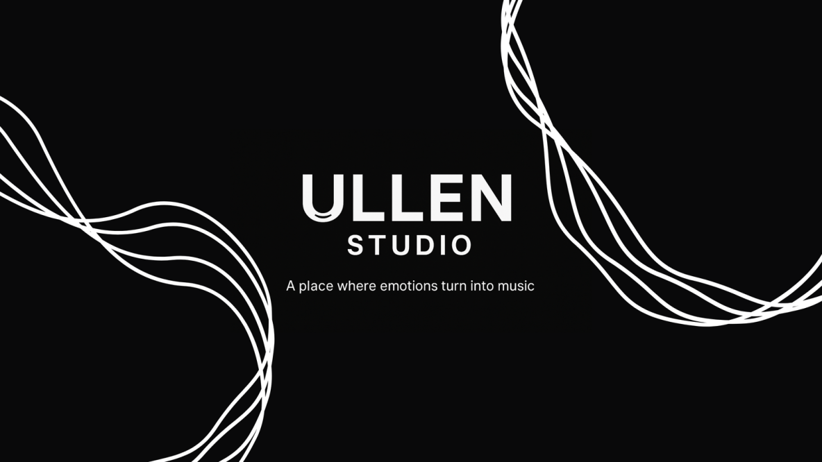 Black background with white abstract lines and centered text that reads 'ULLEN STUDIO' with a subtitle 'A place where emotions turn into music.'