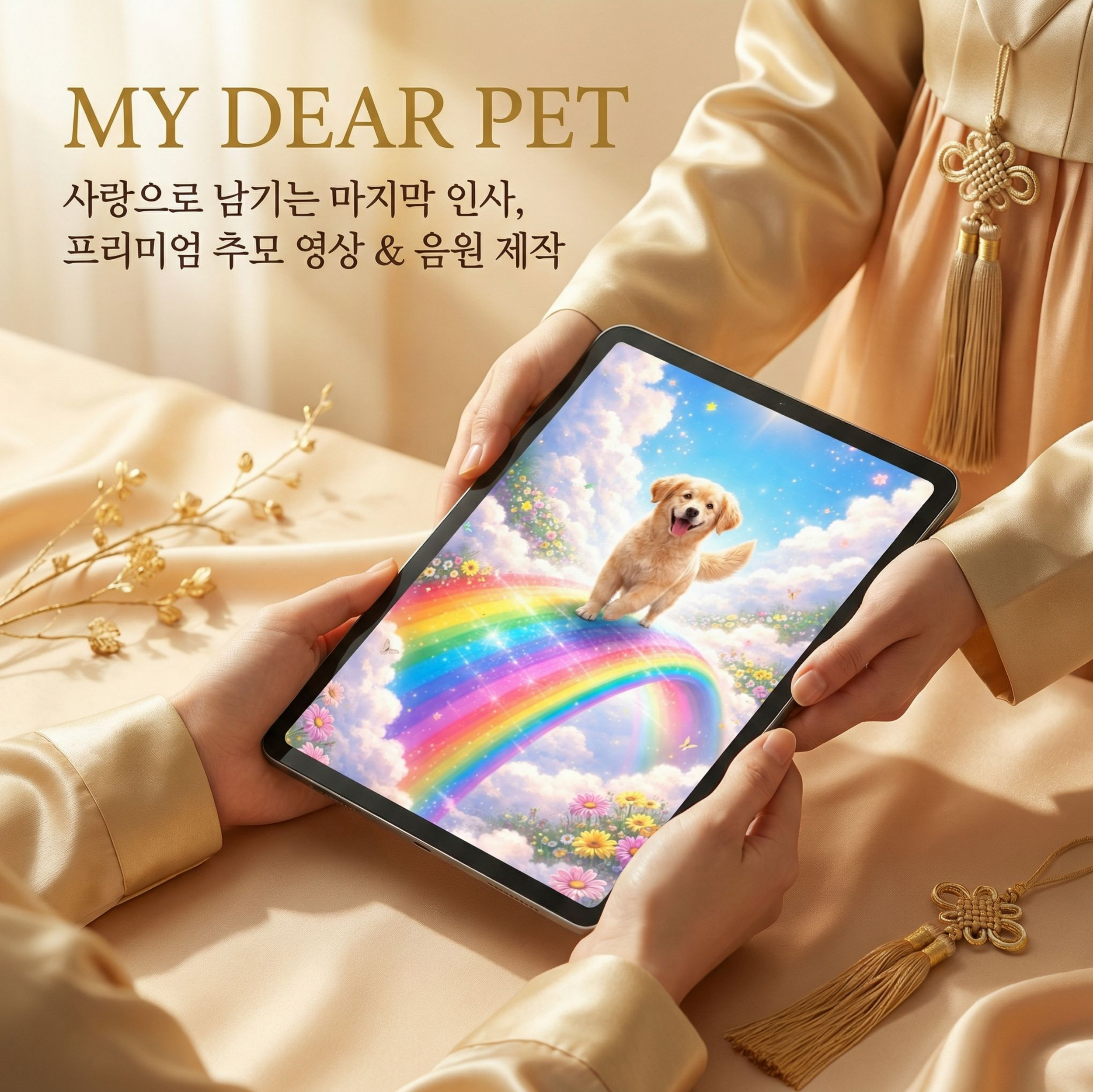 A person holding a tablet with an animated image of a happy dog on a rainbow in a fantasy sky, surrounded by clouds and flowers.