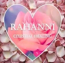 A pink heart-shaped graphic with the text 'RAHANNI CELESTIAL HEALING' over a background of white flower petals.