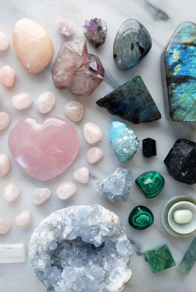 A collection of various colorful and translucent gemstones and crystals on a white marble surface.