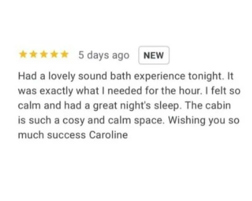 Online product review with five-star rating, marked as new, praising a sound bath experience and mentioning relaxation and restful sleep, signed by Caroline.