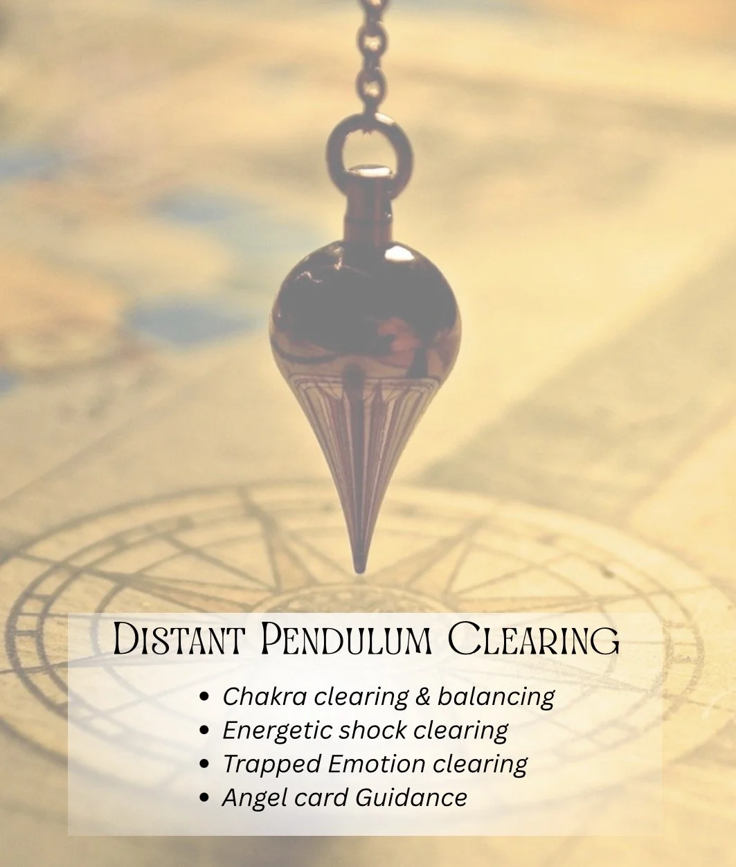 A metallic pendulum with a pointed tip hanging above a faint drawing of a zodiac wheel, overlaying a blurred background, and text promoting distant pendulum clearing for chakra balancing, energetic shock clearing, trapped emotion clearing, and angel card guidance.