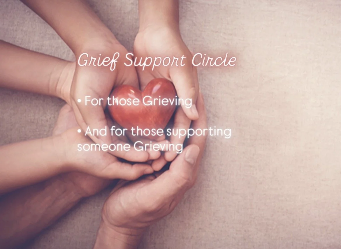 Hands of adults and children holding a heart-shaped stone, with text overlay about grief support