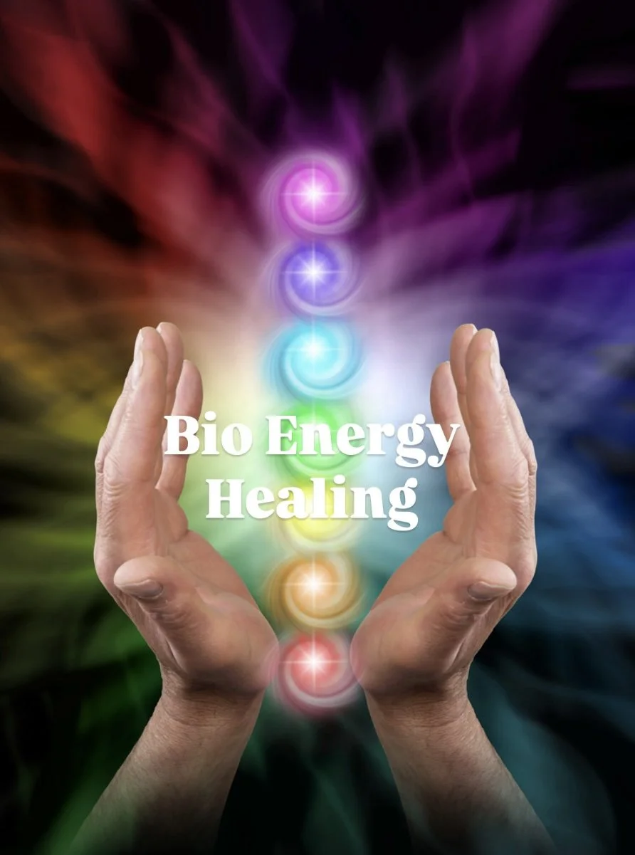 Two hands held in a prayer position with colorful glowing orbs and energy lines in the background, with the text 'Bio Energy Healing' in the center.