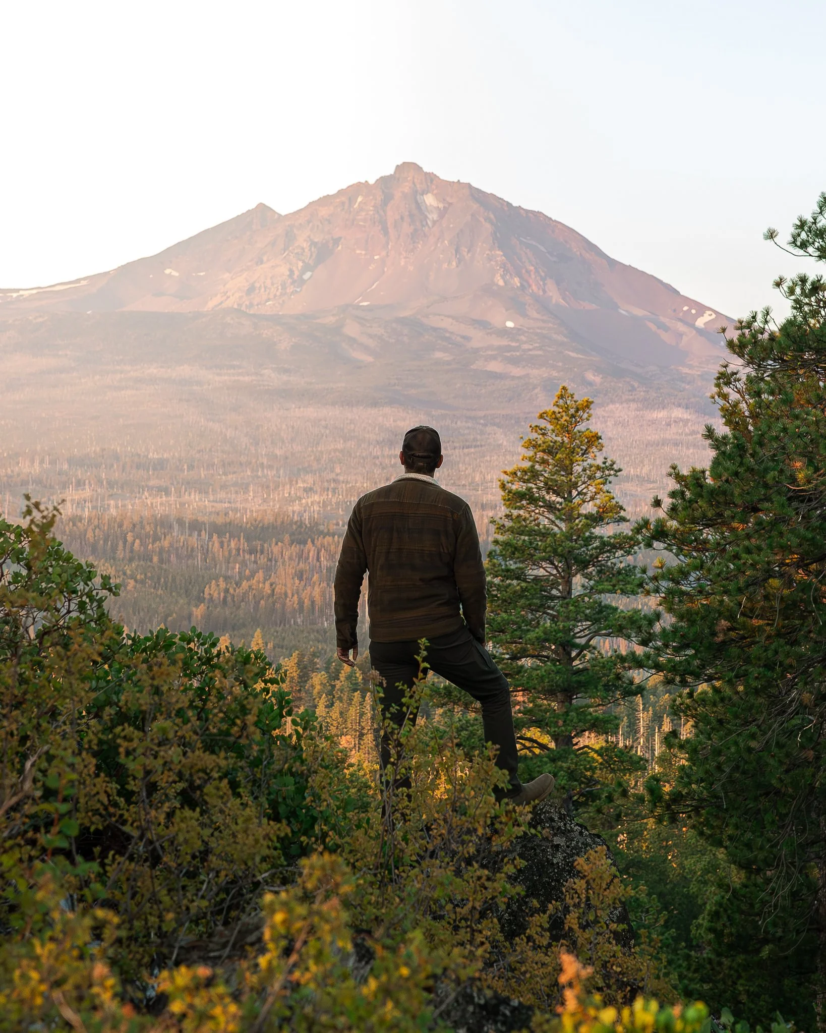A person standing on a rocky ledge overlooking a forested landscape with a mountain in the background.