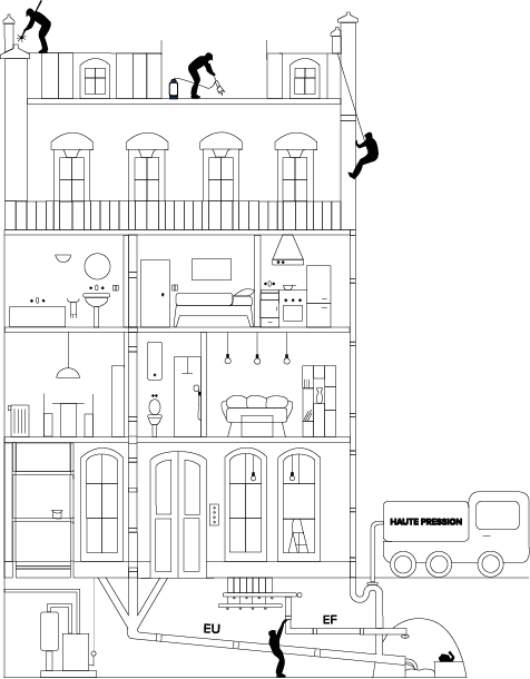 Plan architectural d'un bâtiment avec plusieurs étages, fenêtres, portes, et des éléments de structure