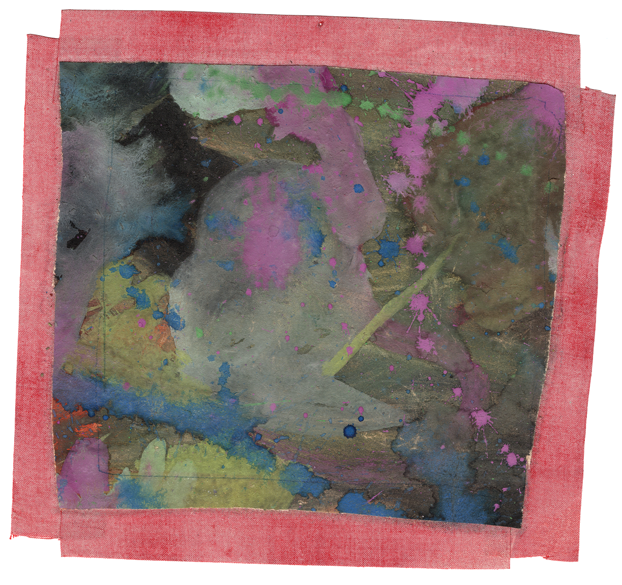 Colorful abstract watercolor painting with splashes of pink, purple, blue, green, and yellow on textured paper.