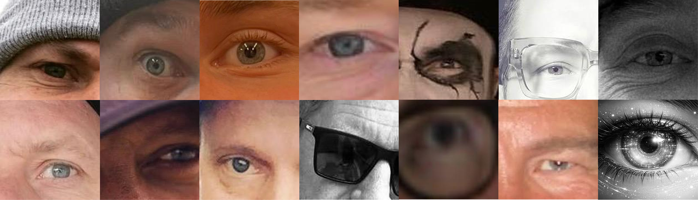 A collage of close-up images of human eyes, including different colors, shapes, and accessories such as glasses and sunglasses, with one eye surrounded by a cosmic or digital pattern.