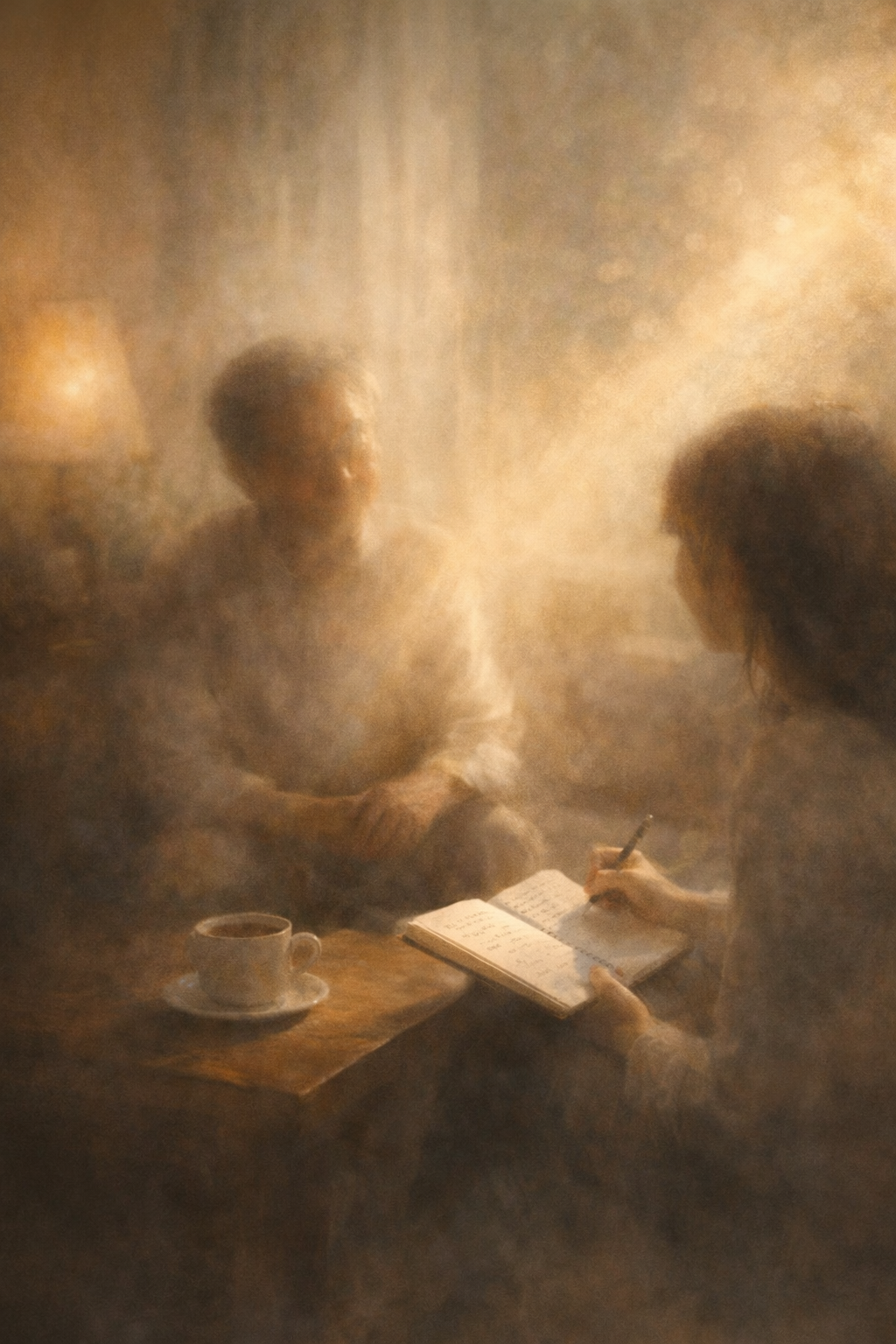 Two women are sitting together in a cozy, dimly lit room with a lamp on a side table. They are engaged in a conversation, one is taking notes in a notebook, and a cup of coffee is placed on the table beside them. The scene is viewed through a foggy or textured glass, giving it a soft, blurry appearance.