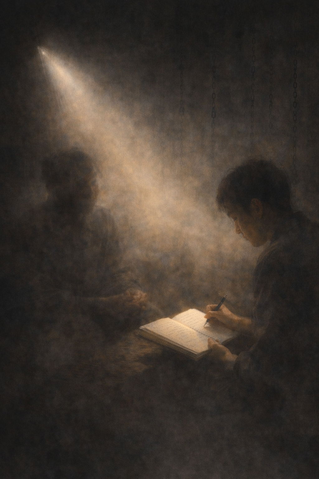 A person sitting in a dimly lit room, writing in a notebook, with another person sitting nearby. A beam of light illuminates the scene.