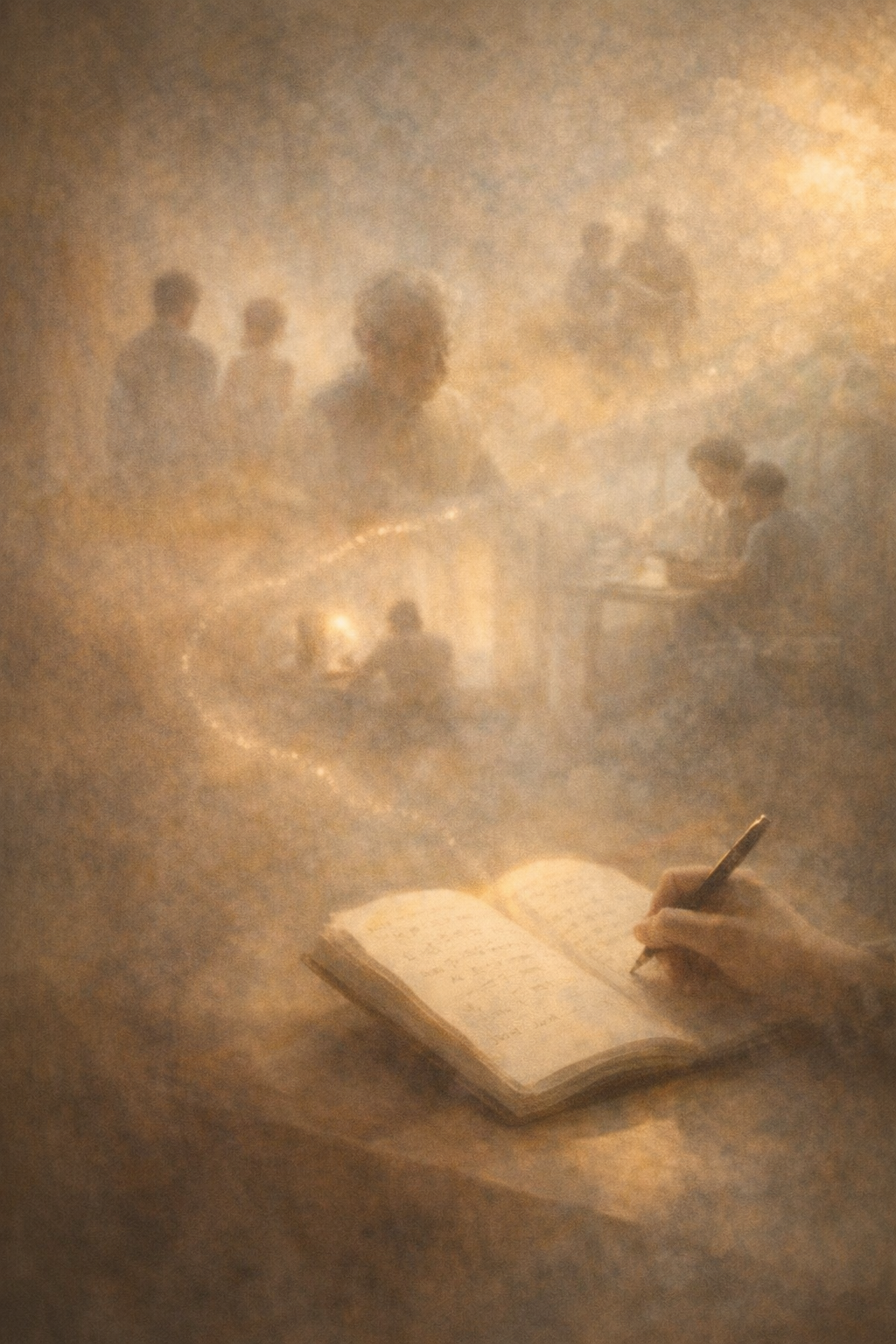 A person writing in a notebook with photographs or images reflected in the background.