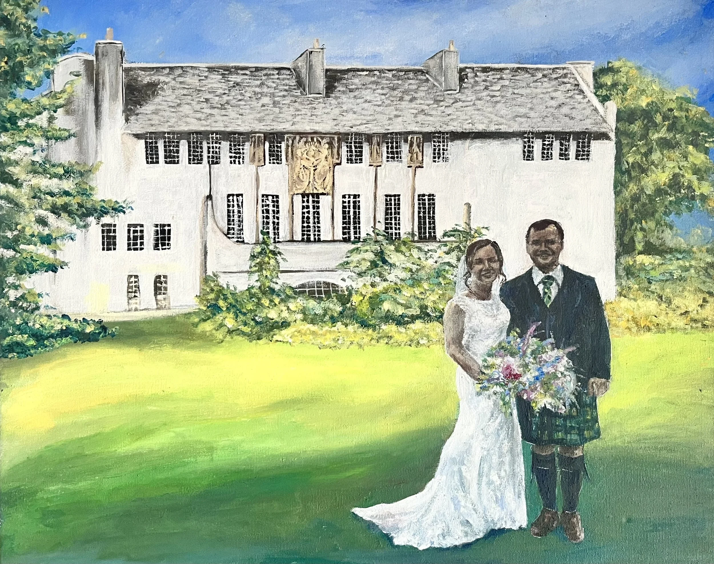 A painting of a building with multiple windows and a large ornate doorway, surrounded by trees and lush green grass, with a couple dressed in formal attire in front of the building.