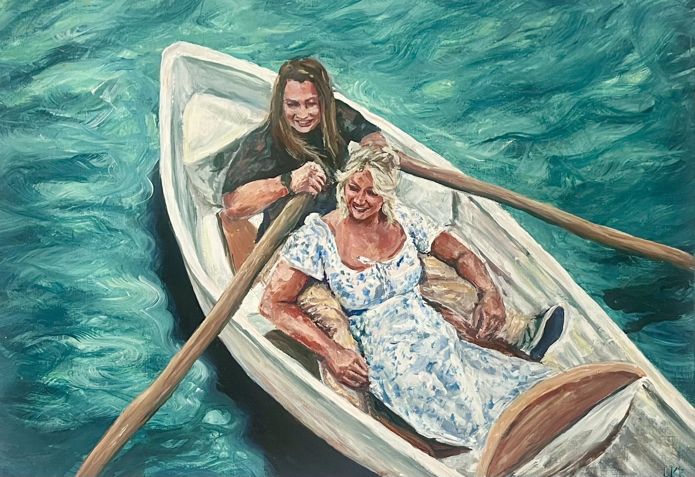 Painting of two women in a small rowboat on a body of water, smiling, with one woman rowing.