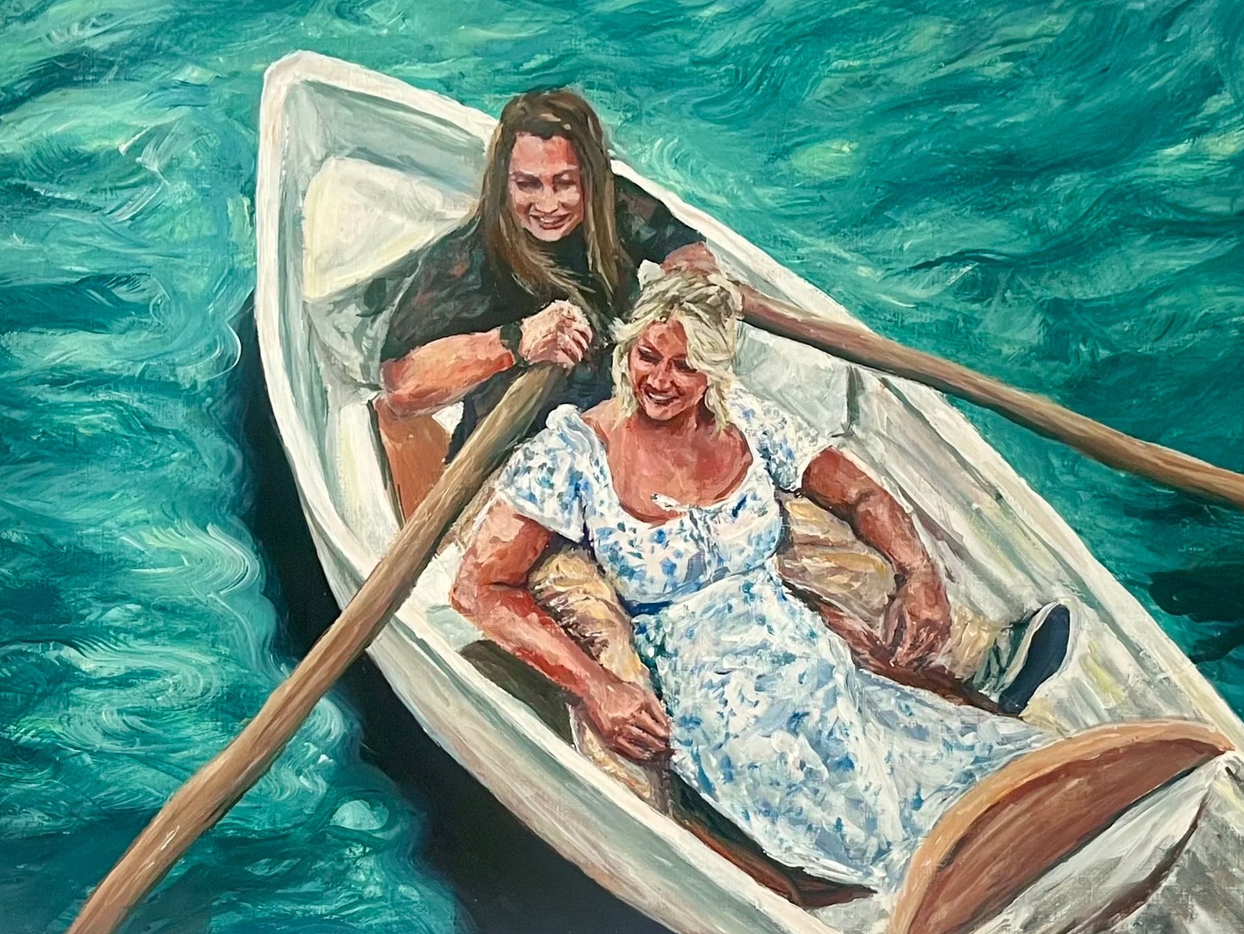 Painting of two women in a rowboat on blue water, one rowing, one sitting smiling, wearing a floral dress.