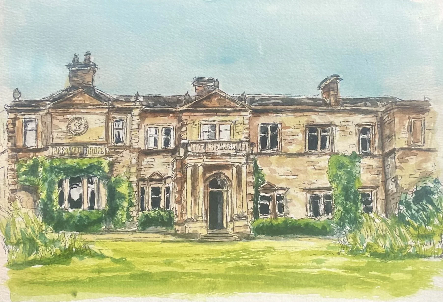 A watercolor painting of a large historic mansion with multiple stories, tall windows, and ornate architectural details, surrounded by green trees and a grassy lawn.