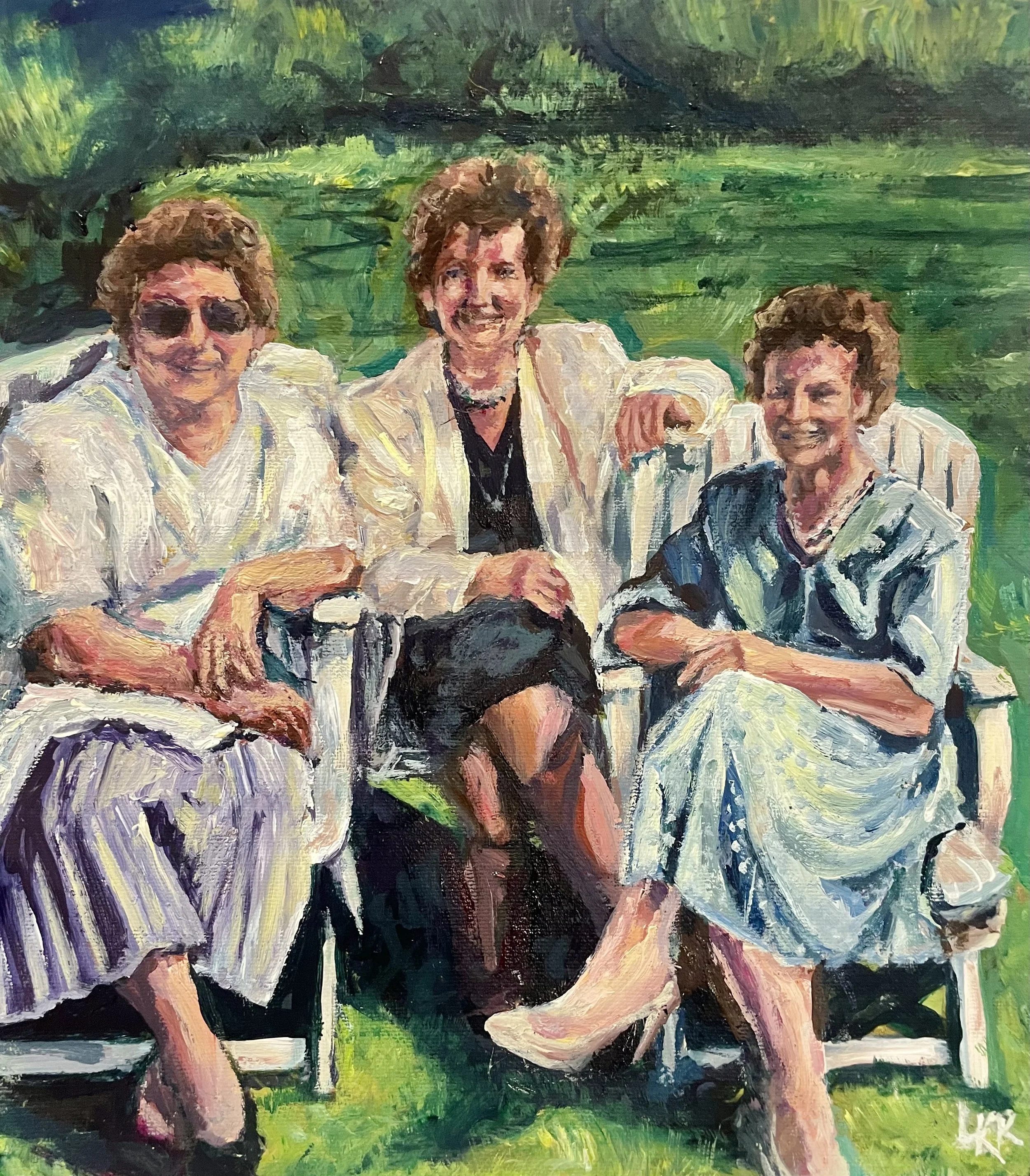 An impressionist-style painting of three friends sitting together outdoors in a grassy area with trees in the background. The woman on the left wears sunglasses and a white shirt, the woman in the center has short brown hair and a white jacket, and t