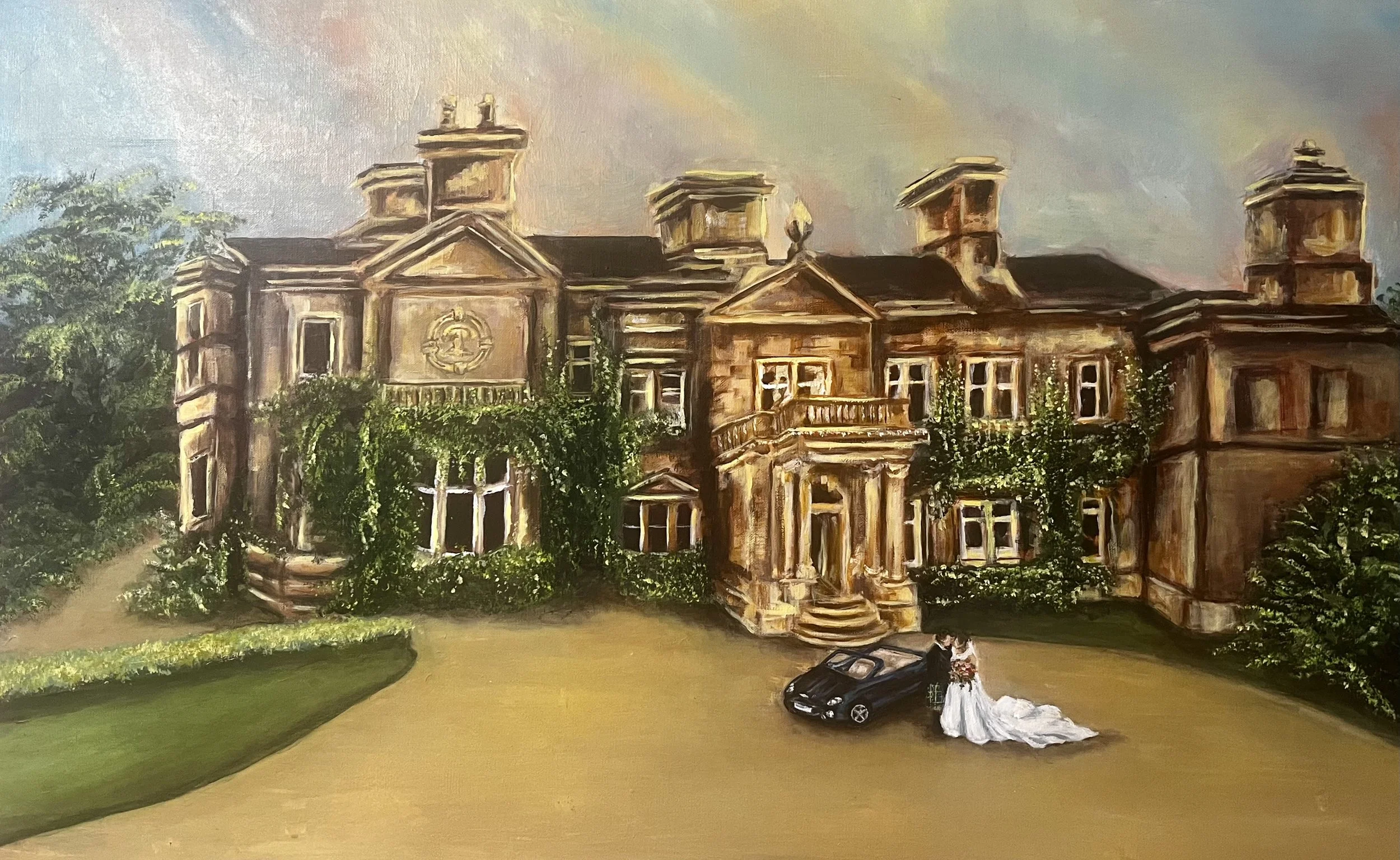 Painting of a large historic mansion with lush greenery, a driveway, a woman in a white dress sitting on the ground near a black sports car, and a black handbag nearby.