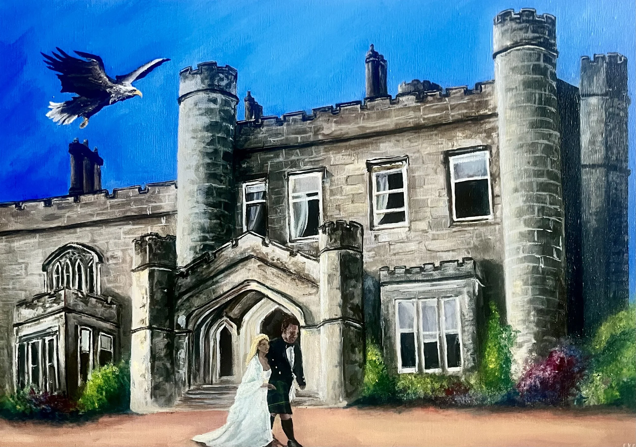 A painting of a medieval castle with a couple dressed in wedding attire walking in front of it, with lush greenery and colorful flowers surrounding them.