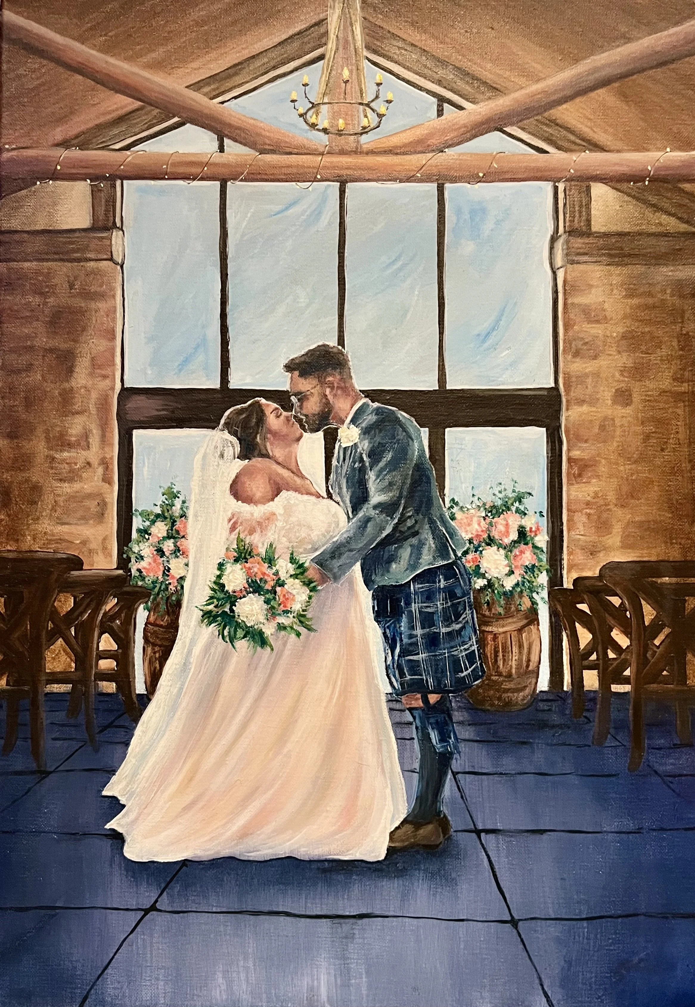 Painting of a bride and groom embracing in a rustic indoor wedding venue with large windows, wooden beams, and floral arrangements.
